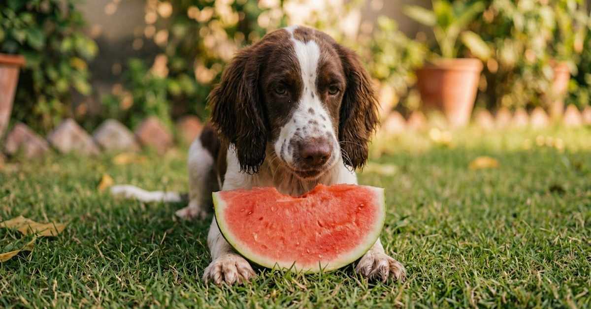 A brown and white Springer Spaniel puppy lying on green grass outdoors, chewing on a large slice of fresh red watermelon.
