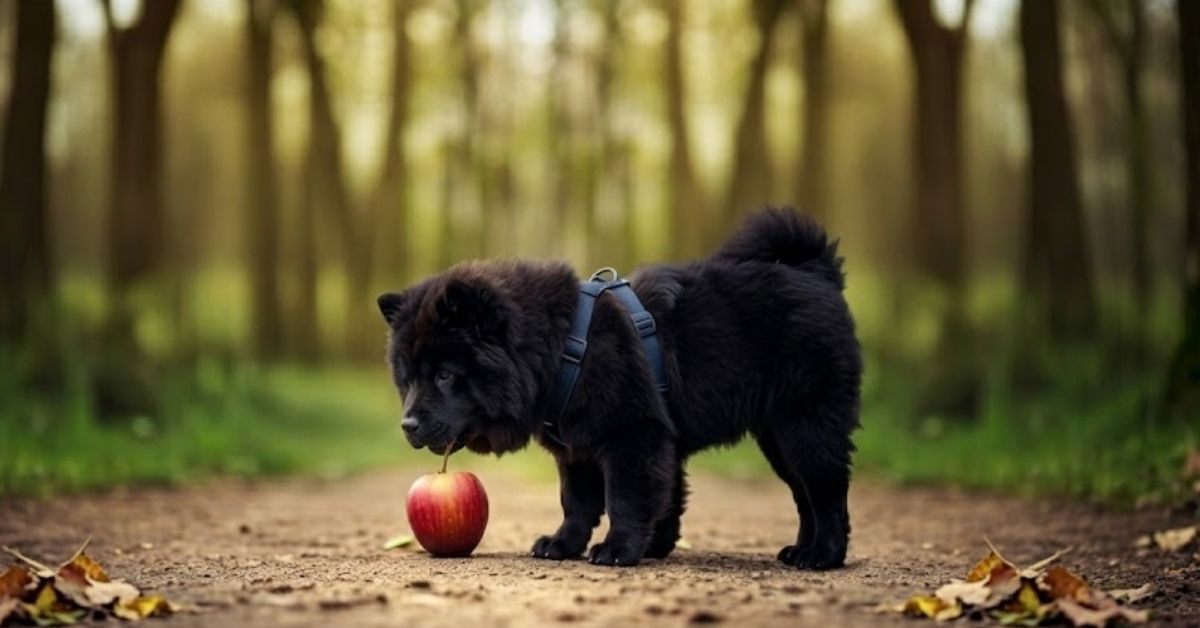A fluffy black puppy standing on a forest path looking at a fresh red apple on the ground.