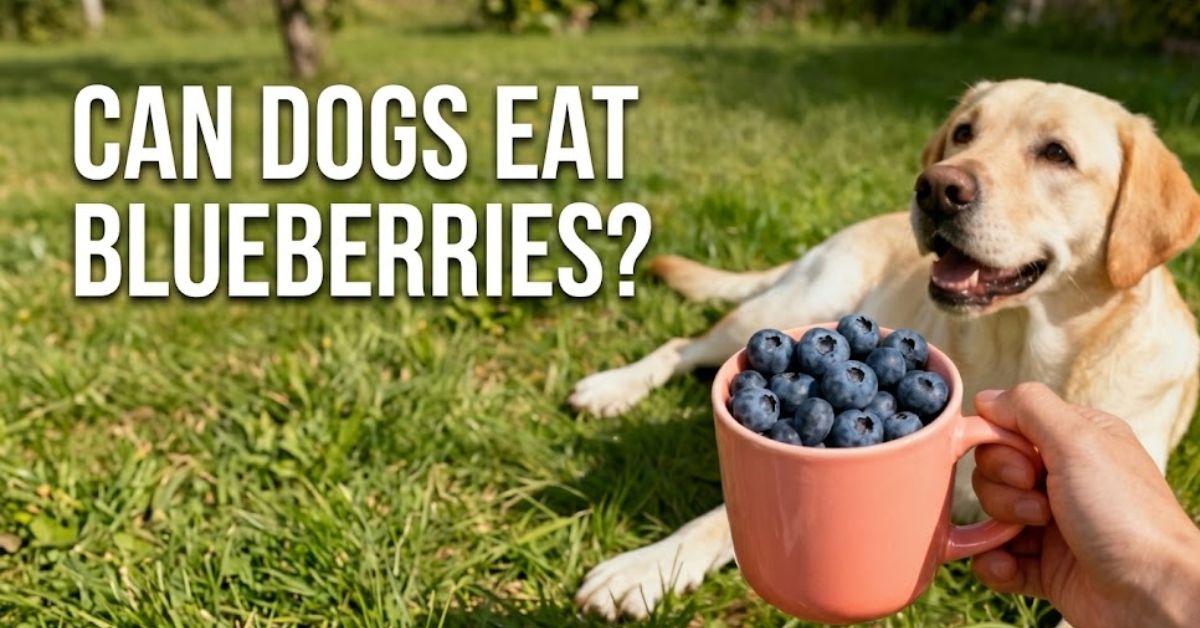 A happy golden labrador retriever dog looking at a pink mug full of fresh blueberries in a sunny green garden.