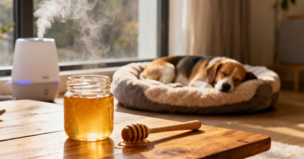 A cozy lifestyle photo of a jar of honey with a dipper on a wooden table, and a misting humidifier in the background near a sleeping Beagle dog.