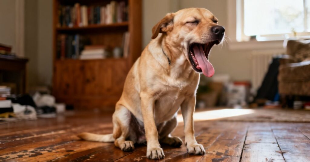 A natural, high-resolution photo of a Labrador-mix dog coughing and gagging while sitting on a wooden floor in a living room.