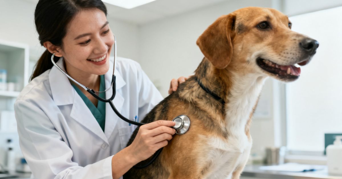 A smiling female veterinarian using a stethoscope on a healthy dog in a clean clinic setting