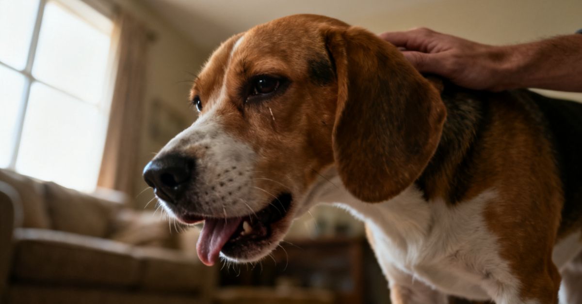 A close-up shot of a Beagle dog coughing and gagging while its owner provides comfort in a home environment.