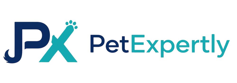 PetExpertly official logo featuring a creative PX monogram with a dog paw and cat tail design in navy blue and teal colors.