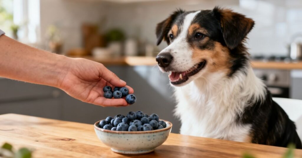 A person’s hand picking a blueberry from a bowl to feed a happy Australian Shepherd dog in a bright kitchen. 