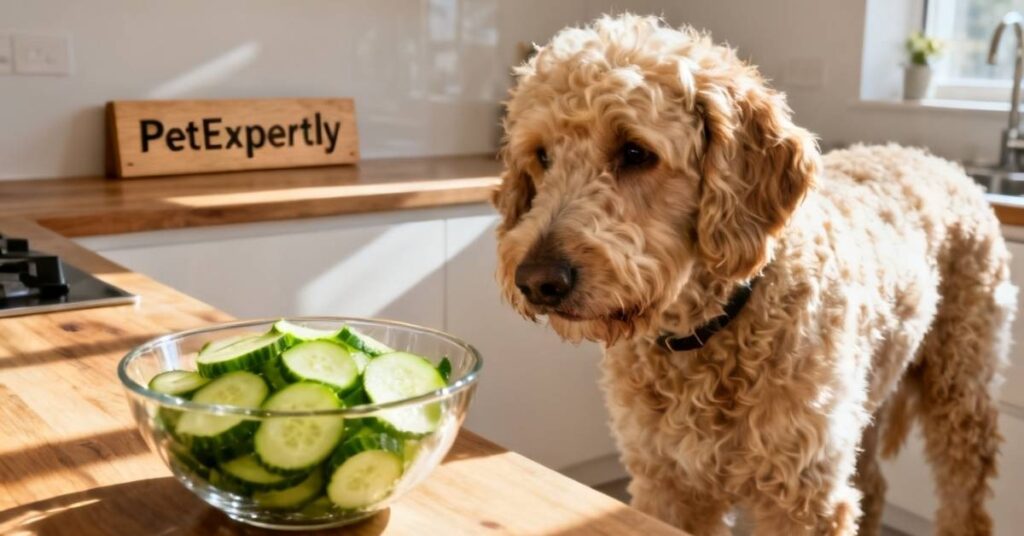 "A golden Labradoodle standing in a kitchen next to sliced cucumbers, illustrating if cucumbers are safe for dogs - PetExpertly."