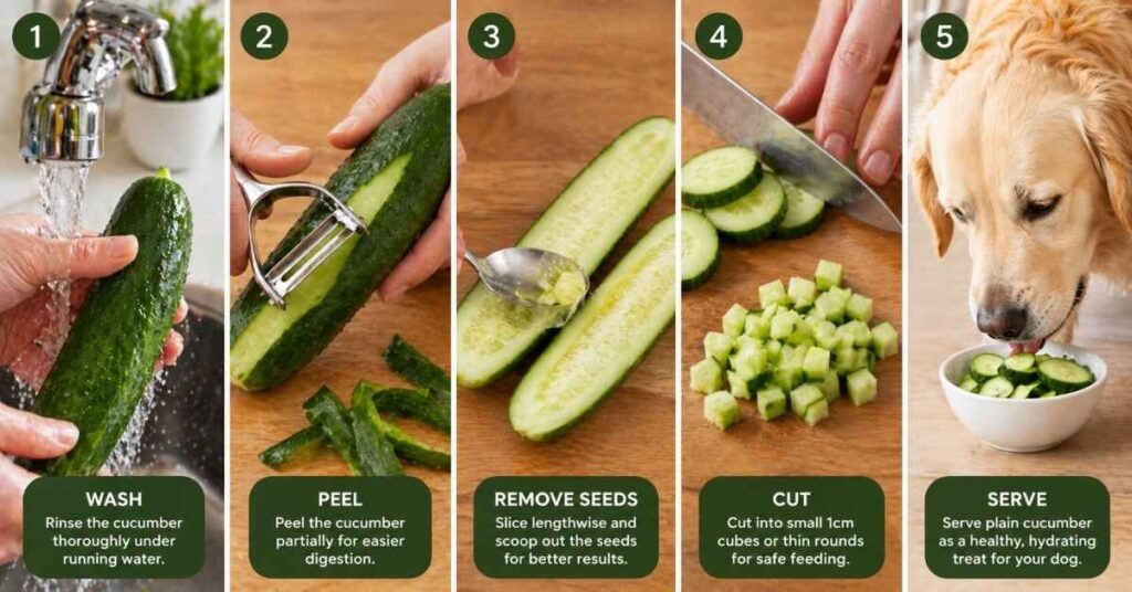 A 5-step infographic showing how to prepare cucumbers for dogs: washing, peeling, removing seeds, chopping into small cubes, and serving to a Beagle