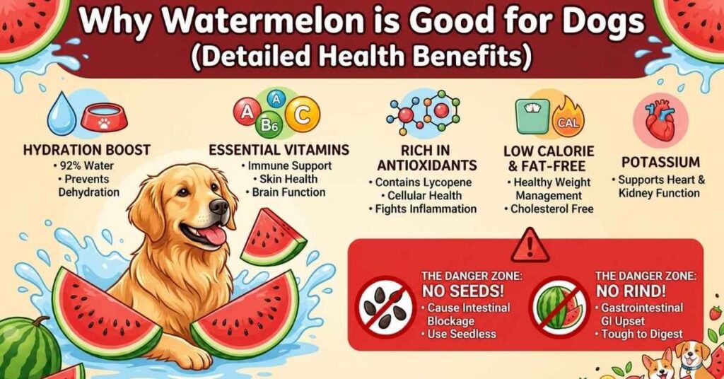 An infographic titled "Why Watermelon is Good for Dogs (Detailed Health Benefits)" featuring a Golden Retriever surrounded by watermelon slices. The graphic highlights five main benefits: Hydration Boost (92% water), Essential Vitamins (A, B6, C), Rich in Antioxidants (Lycopene), Low Calorie & Fat-Free, and Potassium for heart and kidney health. A red "Danger Zone" section at the bottom warns to remove seeds to prevent intestinal blockage and remove the rind to avoid gastrointestinal upset. Branding at the bottom reads PetExpertly.com.