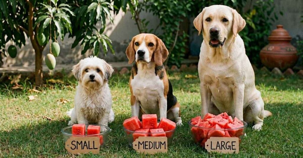 Three dogs of different sizes—a Chow Chow, a Beagle, and a Golden Retriever—sitting outdoors behind glass bowls filled with cubed watermelon. The bowls are labeled "Small," "Medium," and "Large" to demonstrate appropriate serving sizes for different dog breeds.