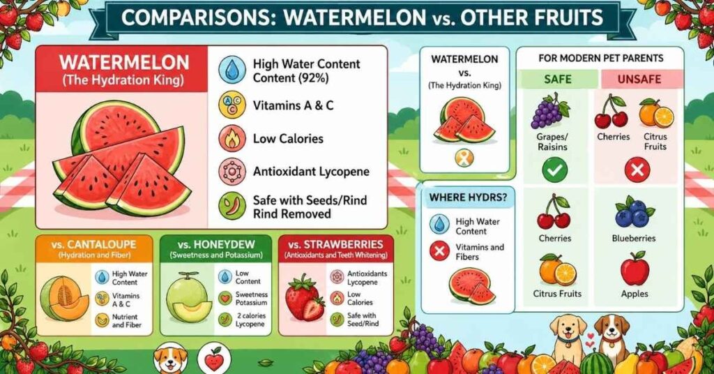 An infographic titled "Comparisons: Watermelon vs. Other Fruits" for dogs. It highlights watermelon as "The Hydration King" with 92% water, vitamins A & C, and lycopene. The graphic compares watermelon to cantaloupe, honeydew, and strawberries, and provides a "Safe vs. Unsafe" fruit guide for pet parents, listing apples and blueberries as safe, while warning against grapes, raisins, cherries, and citrus fruits.