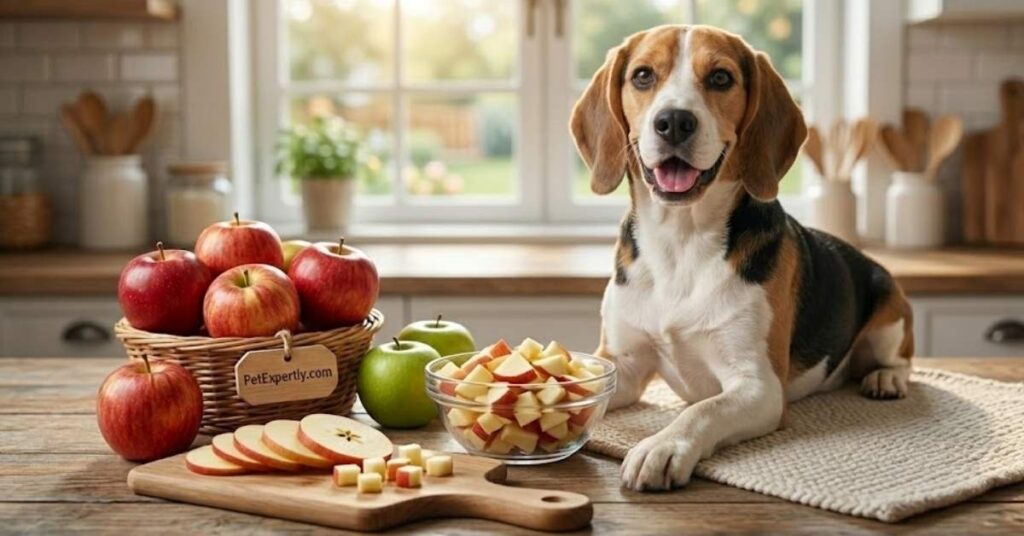 A smiling Beagle dog with fresh red and green apple slices and cubes prepared as a healthy pet treat.