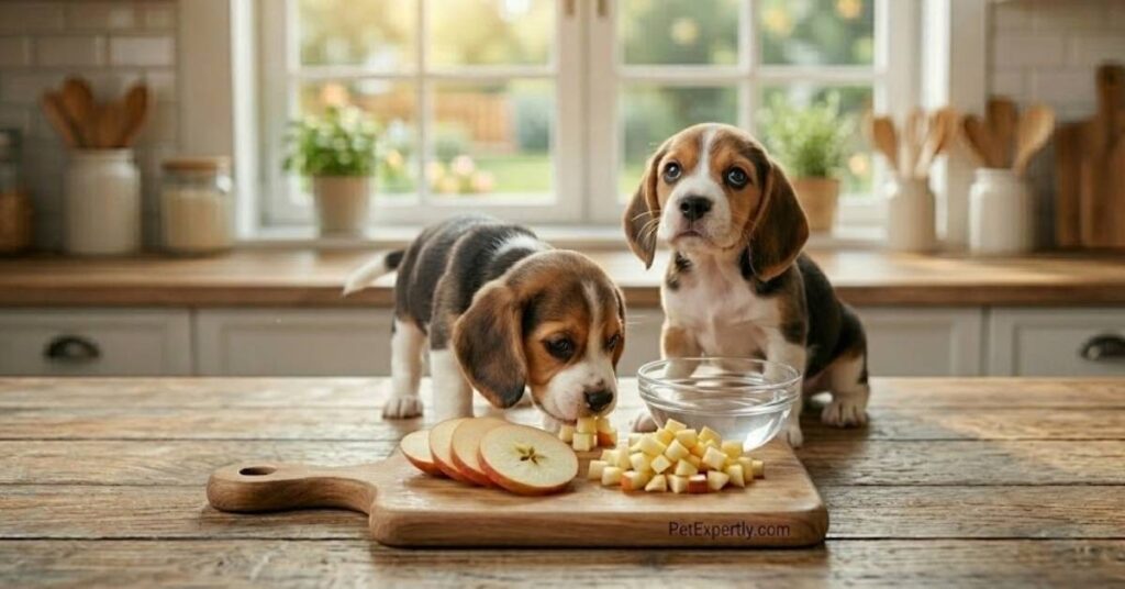 Two Beagle puppies eating safe, chopped apple pieces and slices on a wooden board on a kitchen counter