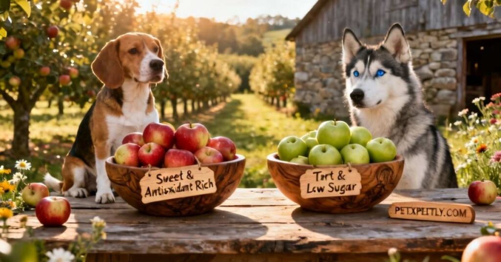 A side-by-side comparison in a sunlit orchard, featuring a sitting Beagle dog next to a bowl of red apples with a tag that reads 