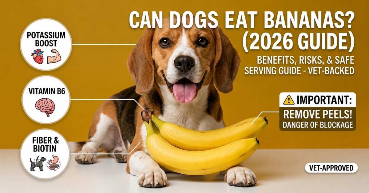 Can dogs eat bananas? Infographic showing benefits like potassium, vitamin B6, fiber, and biotin.