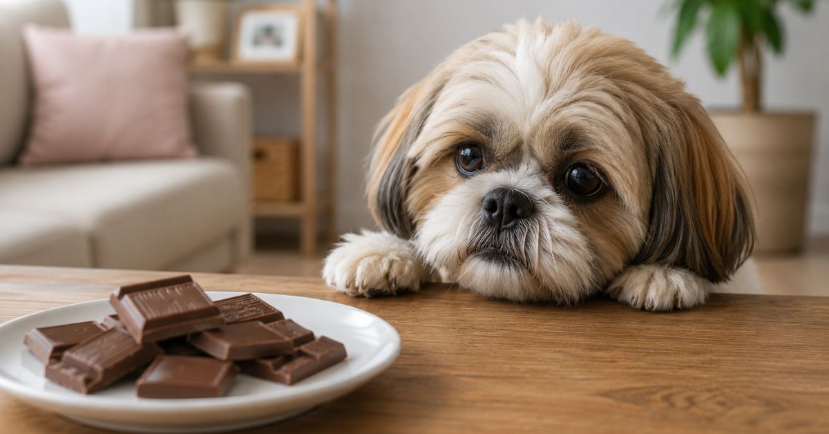 A small Shih Tzu dog looking curiously at a plate of chocolate pieces on a wooden table.