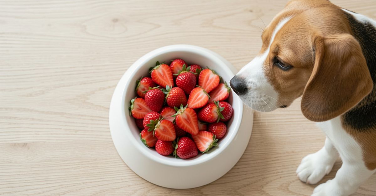 A Beagle dog sniffing a white bowl filled with fresh, halved strawberries on a wooden floor.