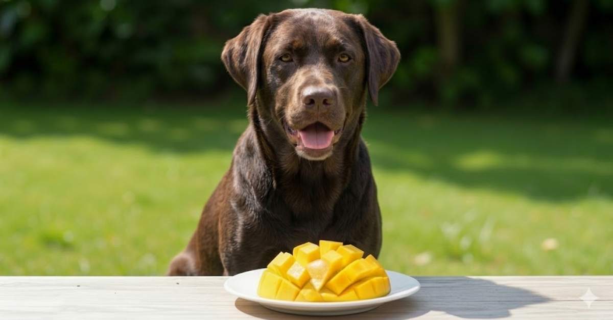 A chocolate Labrador Retriever sitting behind a white plate of diced mango on a wooden table, with a blurred green garden background.