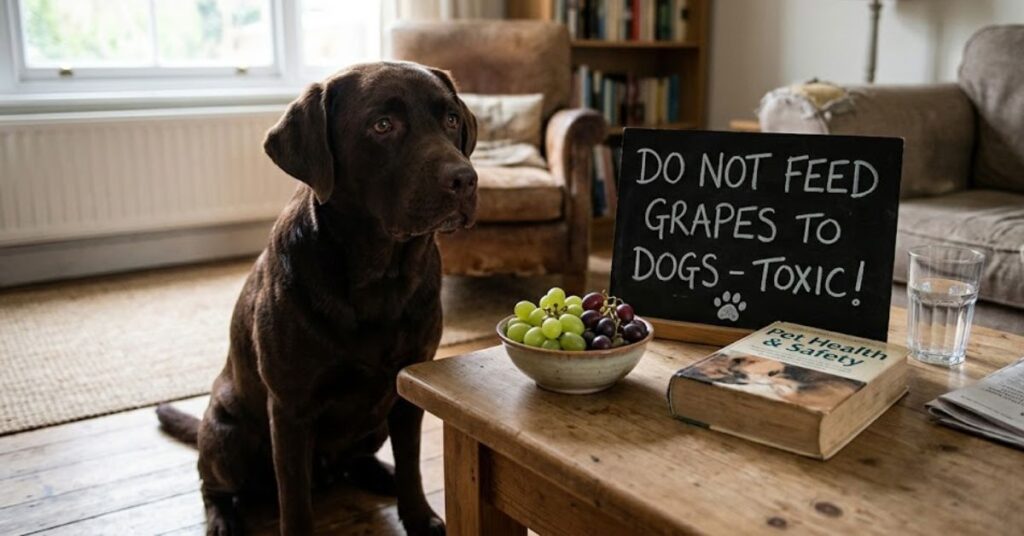 Can Dogs Eat Grapes? The Toxic Truth Every Dog Owner Must Know (2026) A chocolate Labrador sitting next to a bowl of grapes and a chalkboard sign stating that grapes are toxic to dogs.
