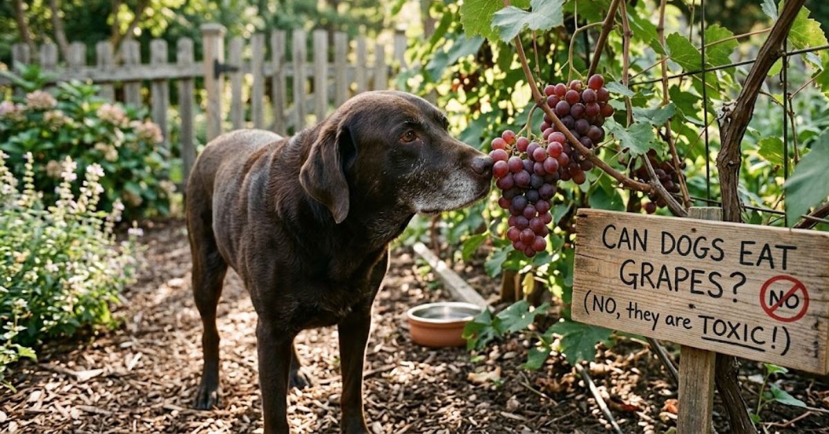 Can dogs eat grapes? A chocolate Labrador sitting near a bowl of toxic grapes and a warning sign about kidney failure.