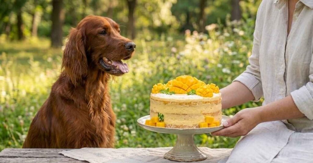 Long-haired brown dog looking at a delicious mango cake - Can dogs eat mango cake guide.