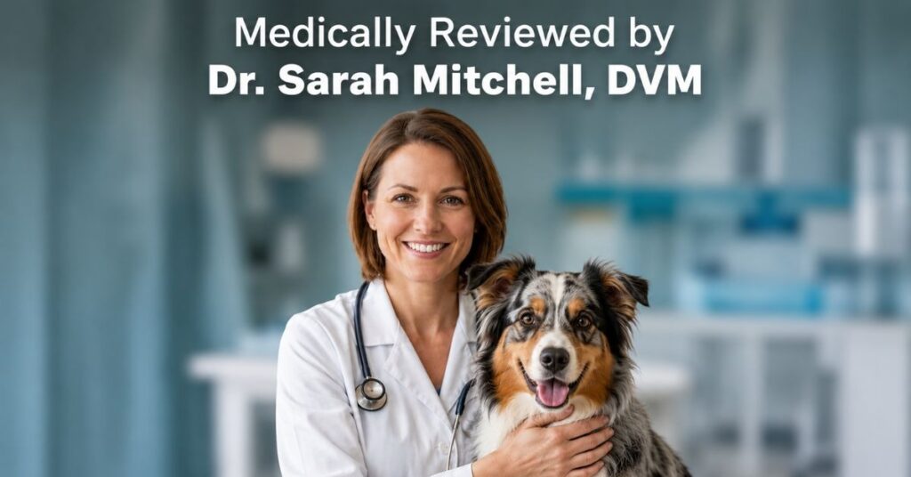 Medically Reviewed by Dr. Sarah Mitchell, DVM - Female veterinarian in a white lab coat with a stethoscope holding an Australian Shepherd dog.