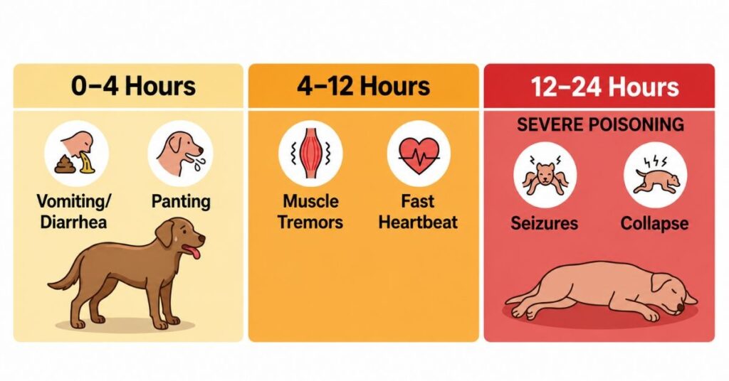 Timeline of chocolate poisoning symptoms in dogs from 0 to 24 hours, including vomiting, panting, muscle tremors, fast heartbeat, seizures, and collapse.