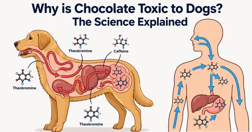 Infographic explaining why chocolate is toxic to dogs, illustrating how theobromine and caffeine affect a dog