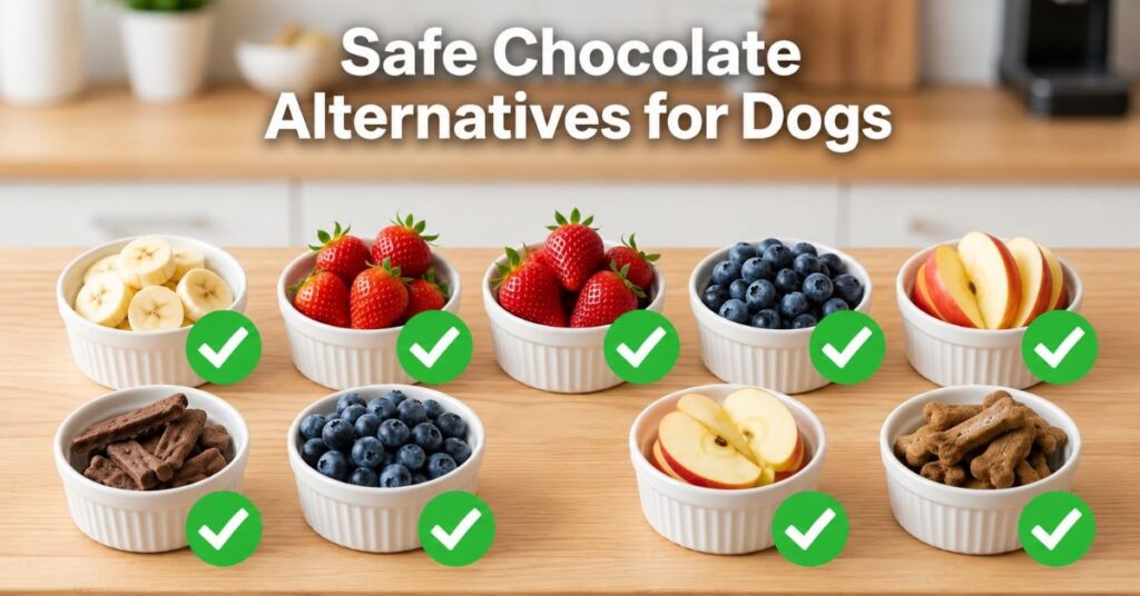 Safe chocolate alternatives for dogs including bowls of bananas, strawberries, blueberries, and apple slices marked with green checkmarks.