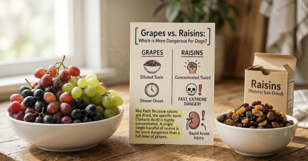 Can Dogs Eat Grapes? The Toxic Truth Every Dog Owner Must Know (2026) Infographic explaining why dogs cannot eat grapes or raisins due to tartaric acid concentration.