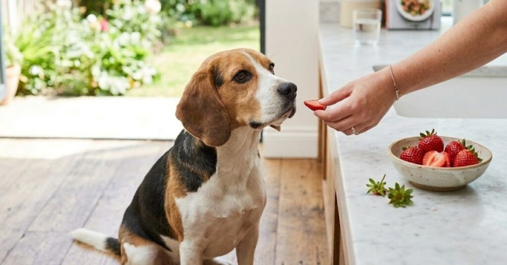 A Beagle dog sitting in a kitchen being hand-fed a fresh strawberry by its owner.
