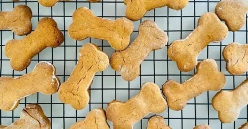 "Homemade coconut flour dog biscuits baked in bone shapes on a wooden board"