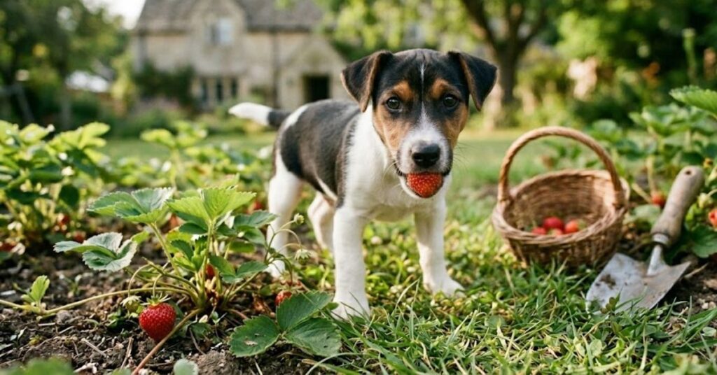 A Jack Russell Terrier puppy holding a fresh strawberry in its mouth in a garden patch.