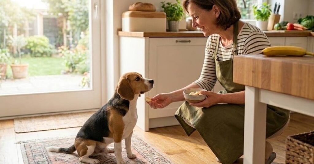 Can Dogs Eat Bananas? Benefits, Risks & Safe Serving Guide (2026) Owner feeding a fresh banana slice to a Beagle – Can dogs eat bananas?