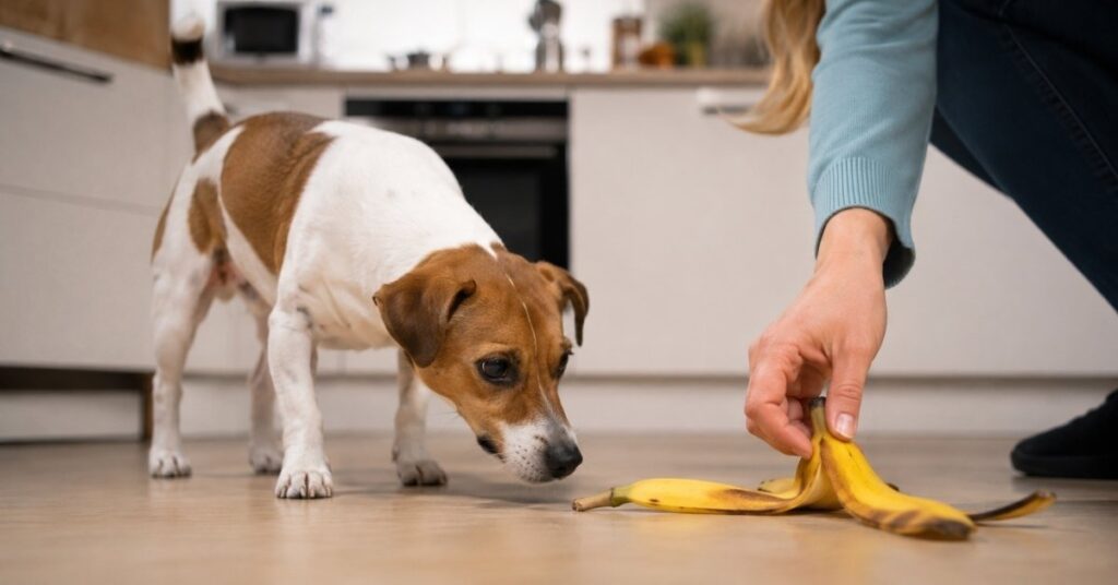 Can Dogs Eat Bananas? Benefits, Risks & Safe Serving Guide (2026) Owner stopping a small dog from eating a banana peel to avoid intestinal blockage.